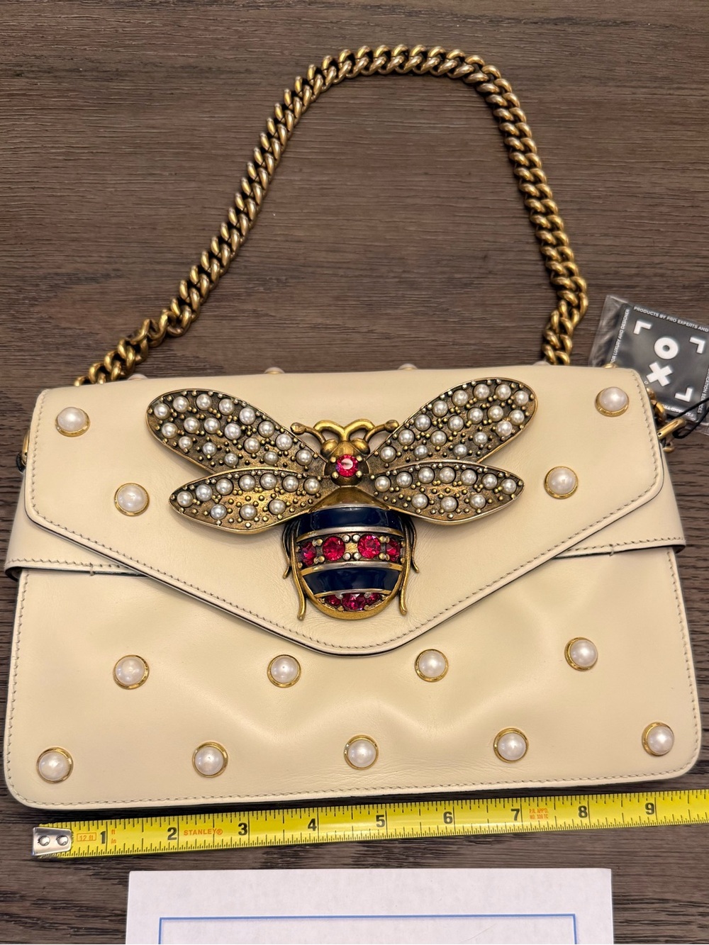 GUCCI Broadway Pearly Bee Shoulder Bag Embellished Leather Mini Ivory with Gold